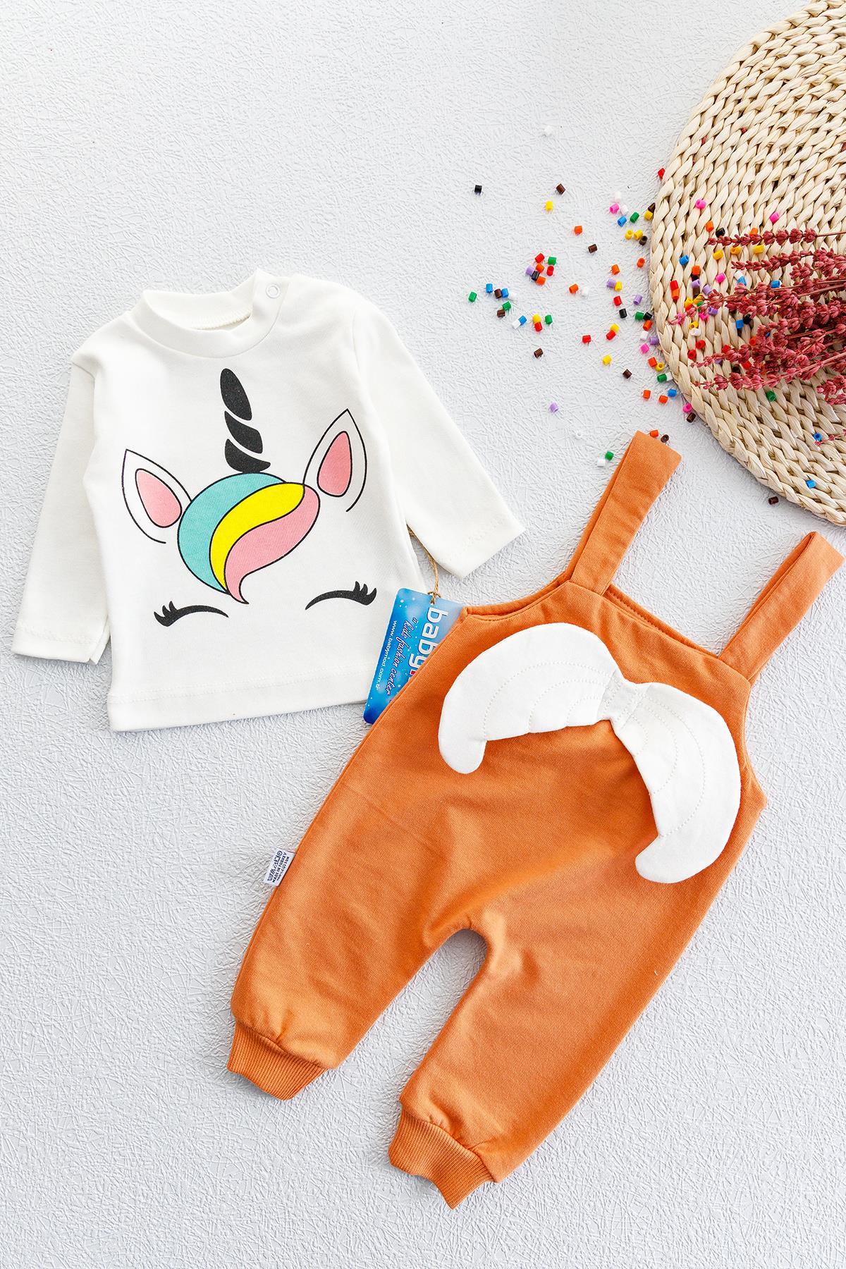 Unicorn Kanatlı Kız Bebek Salopet Tulum Bebek Takım Tarçın  -  0-3 AY