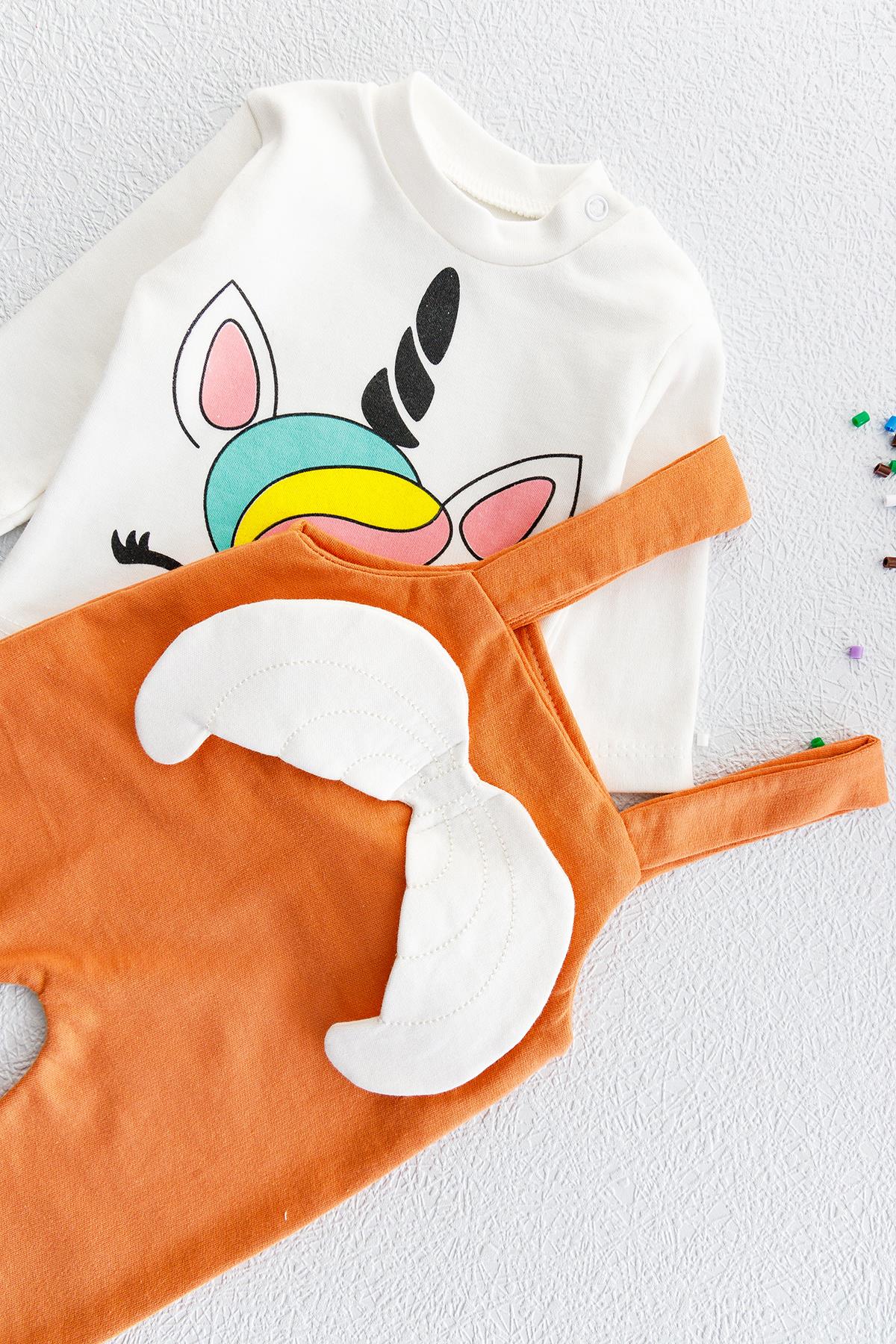 Unicorn Kanatlı Kız Bebek Salopet Tulum Bebek Takım Tarçın  -  0-3 AY