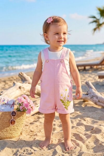 Çiçek Nakışlı 100% Pamuk Kız Bebek 2'li Salopet  Tulum