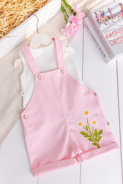 Çiçek Nakışlı 100% Pamuk Kız Bebek 2'li Salopet  Tulum