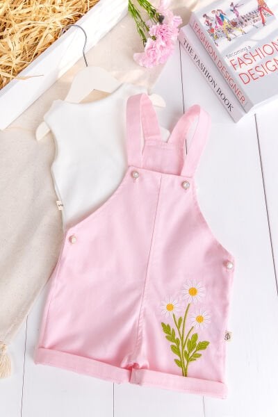 Çiçek Nakışlı 100% Pamuk Kız Bebek 2'li Salopet  Tulum