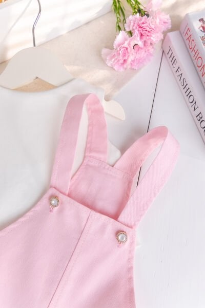 Çiçek Nakışlı 100% Pamuk Kız Bebek 2'li Salopet  Tulum