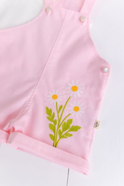 Çiçek Nakışlı 100% Pamuk Kız Bebek 2'li Salopet  Tulum