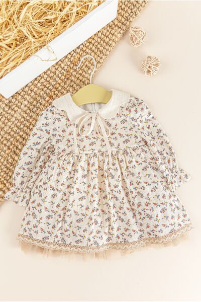 Çiçek Desenli Bebe Yakalı Uzun Kollu Kız Bebek Elbise