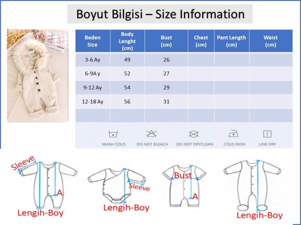 Triko Örgü Kışlık İçi Welsoft Astarlı Kapüşonlu Kız/Erkek Bebek Tulum KREM - 3-6 AY