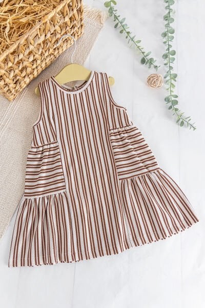 Çizgili Desenli Yazlık Kız Çocuk Elbise BEJ - 6-7 Yaş