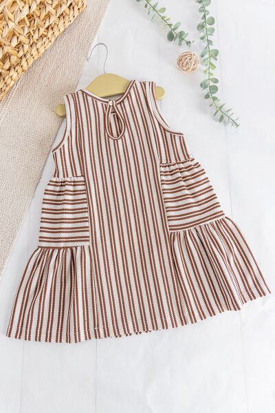 Çizgili Desenli Yazlık Kız Çocuk Elbise BEJ - 6-7 Yaş