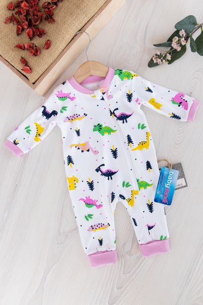Dino Figürlü Fermuarlı Kız Bebek Tulum