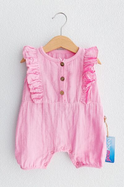 Fırfırlı Düğmeli Kız Bebek Tulum PEMBE - 3-6 AY