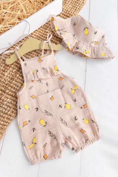 Fırfırlı Şapkalı Yazlık Müslin Kız Bebek Tulum PEMBE -  9-12 AY