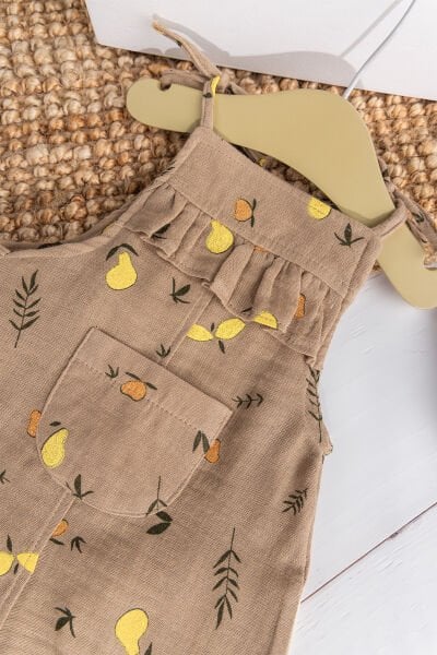 Fırfırlı Şapkalı Yazlık Müslin Kız Bebek Tulum Kahve  - 3-6 AY