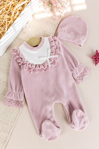 Güpürlü Pamuklu Kışlık Kadife Kız Bebek Tulum Set Gül kurusu -  6-9 AY