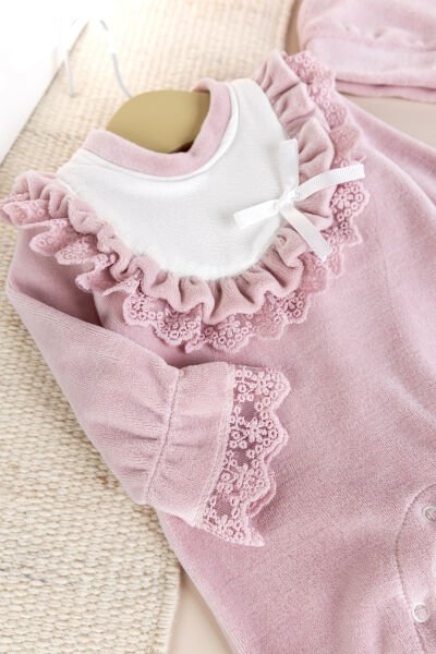 Güpürlü Pamuklu Kışlık Kadife Kız Bebek Tulum Set Gül kurusu -  6-9 AY