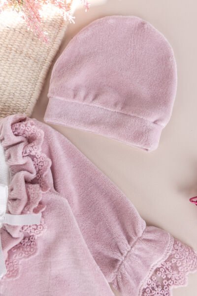 Güpürlü Pamuklu Kışlık Kadife Kız Bebek Tulum Set Gül kurusu -  6-9 AY