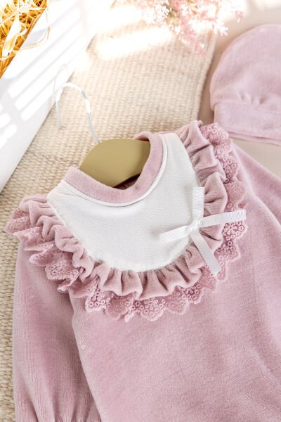 Güpürlü Pamuklu Kışlık Kadife Kız Bebek Tulum Set Gül kurusu -  6-9 AY