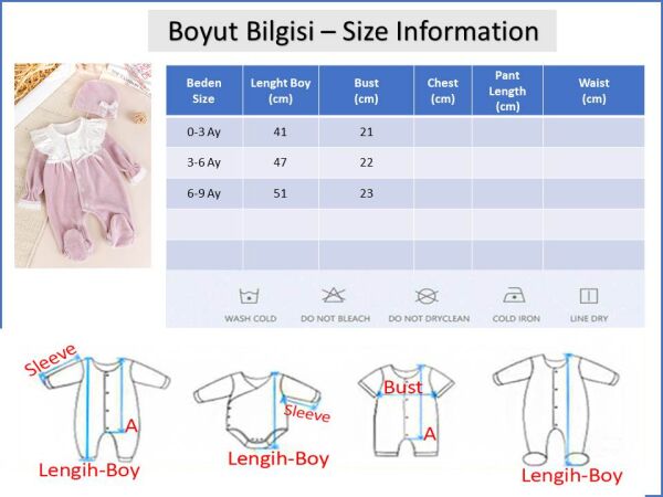 Güpürlü Pamuklu Kışlık Kadife Kız Bebek Tulum Set SOMON -  0-3 AY