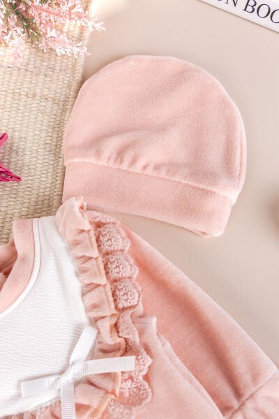 Güpürlü Pamuklu Kışlık Kadife Kız Bebek Tulum Set SOMON - 3-6 AY