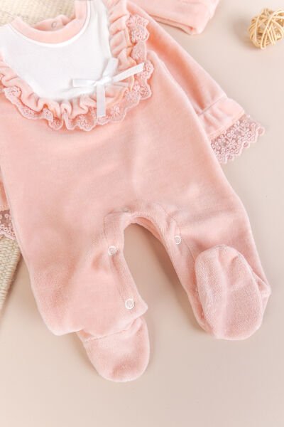 Güpürlü Pamuklu Kışlık Kadife Kız Bebek Tulum Set SOMON - 3-6 AY