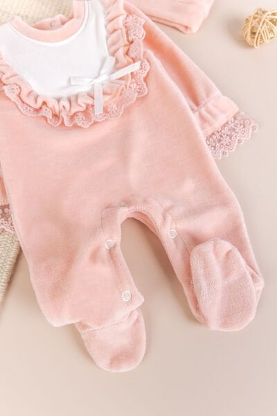 Güpürlü Pamuklu Kışlık Kadife Kız Bebek Tulum Set SOMON - 3-6 AY