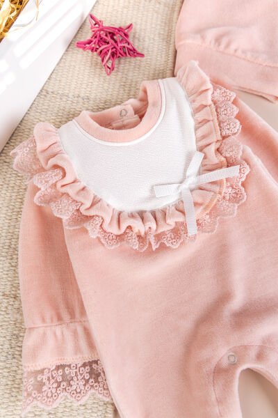Güpürlü Pamuklu Kışlık Kadife Kız Bebek Tulum Set SOMON - 3-6 AY