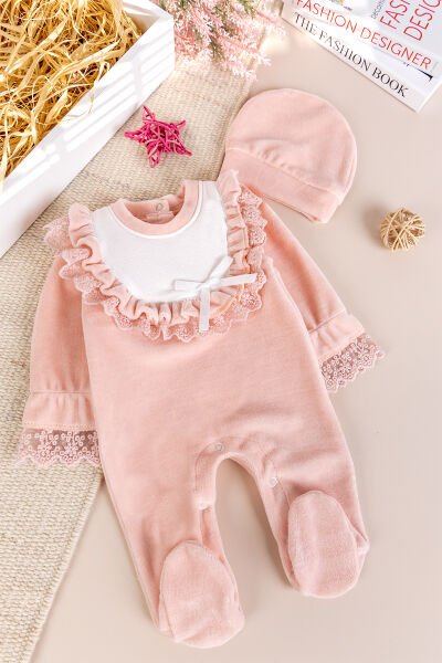Güpürlü Pamuklu Kışlık Kadife Kız Bebek Tulum Set SOMON - 3-6 AY