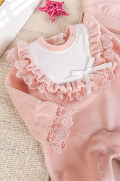 Güpürlü Pamuklu Kışlık Kadife Kız Bebek Tulum Set SOMON - 3-6 AY