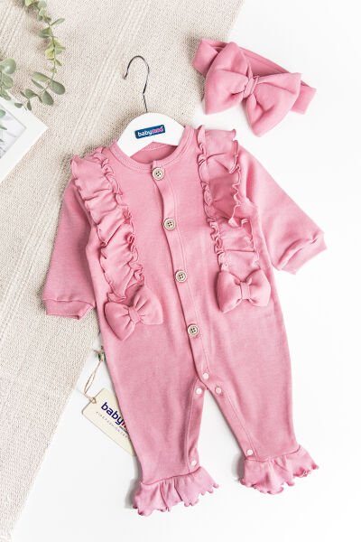 Fiyonklu Bandanalı Kız Bebek Tulum PEMBE -  0-3 AY