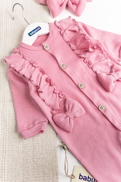 Fiyonklu Bandanalı Kız Bebek Tulum PEMBE -  0-3 AY