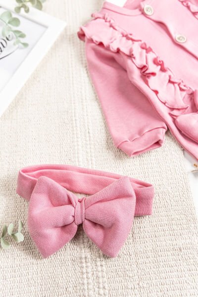 Fiyonklu Bandanalı Kız Bebek Tulum PEMBE -  0-3 AY