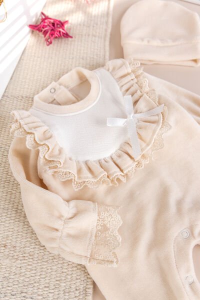Güpürlü Pamuklu Kışlık Kadife Kız Bebek Tulum Set BEJ -  0-3 AY