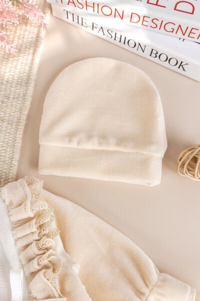 Güpürlü Pamuklu Kışlık Kadife Kız Bebek Tulum Set BEJ -  0-3 AY