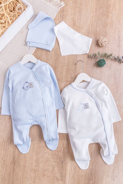 Ayıcık Figürlü 2'li Uzun Kollu Erkek Bebek Tulum Takım MAVİ - 3-6 AY