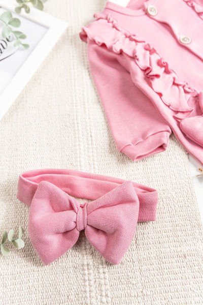 Fiyonklu Bandanalı Kız Bebek Tulum PEMBE - 3-6 AY