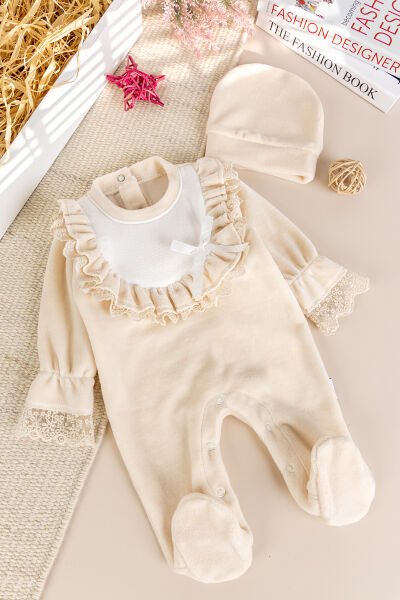 Güpürlü Pamuklu Kışlık Kadife Kız Bebek Tulum Set BEJ - 3-6 AY