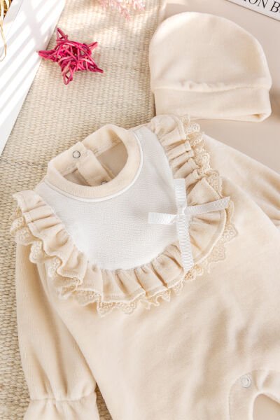 Güpürlü Pamuklu Kışlık Kadife Kız Bebek Tulum Set BEJ - 3-6 AY