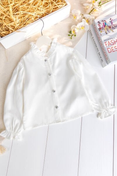 Taşlı Düğme Detaylı Kız Çocuk Gömlek Ekru