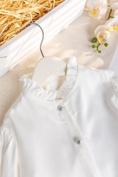 Taşlı Düğme Detaylı Kız Çocuk Gömlek Ekru