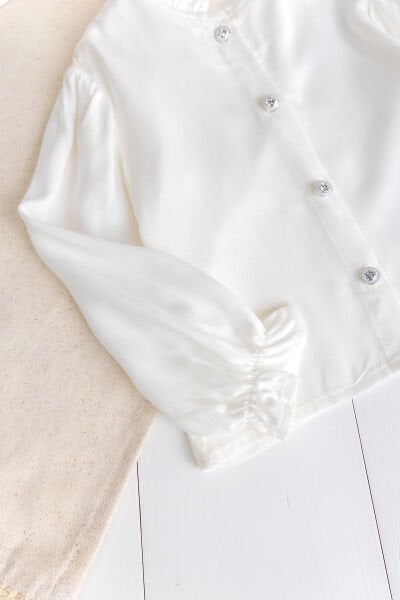 Taşlı Düğme Detaylı Kız Çocuk Gömlek Ekru