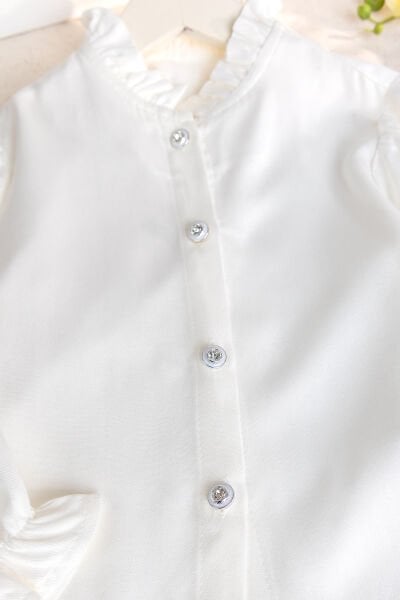 Taşlı Düğme Detaylı Kız Çocuk Gömlek Ekru