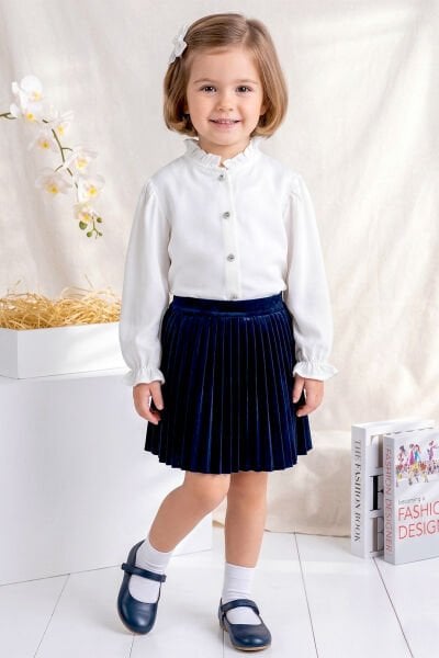 Taşlı Düğme Detaylı Kız Çocuk Gömlek Ekru