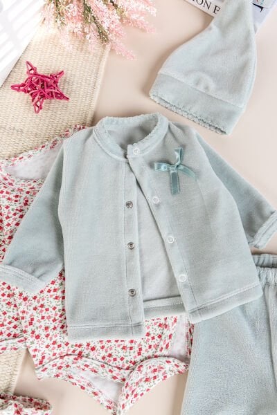 Hırkalı 5'li  Pamuklu Kadife Kız Bebek Takım Set Hastane Çıkışı