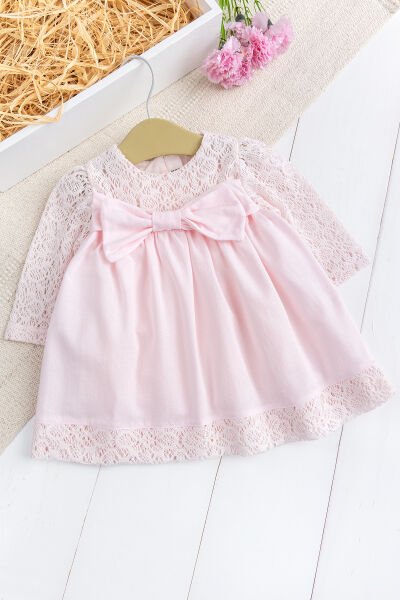 Fiyonklu  Dantelli Kız Bebek  Elbise Pembe  Şık Doğum günü Özel gün Bebek Elbise PEMBE - 6 Ay