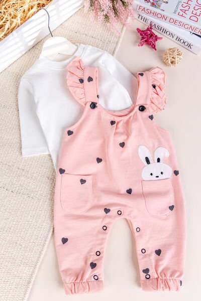 Kalp Desenli Fırfırlı %100 Pamuklu Kız Bebek Penye Tulum Salopet Takım SOMON - 3-6 AY