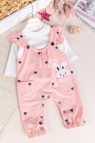Kalp Desenli Fırfırlı %100 Pamuklu Kız Bebek Penye Tulum Salopet Takım SOMON - 3-6 AY