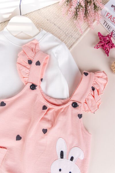 Kalp Desenli Fırfırlı %100 Pamuklu Kız Bebek Penye Tulum Salopet Takım SOMON -  9-12 AY