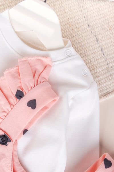 Kalp Desenli Fırfırlı %100 Pamuklu Kız Bebek Penye Tulum Salopet Takım SOMON -  9-12 AY