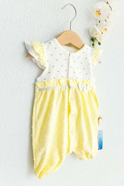 Kalp Desenli Yazlık Kısa Kollu Kız Bebek Tulum SARI - 9 Ay
