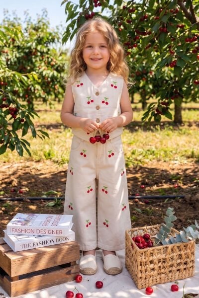 Kiraz İşlemeli Yelekli 2'li Kız Çocuk Keten Takım Set  Ekru