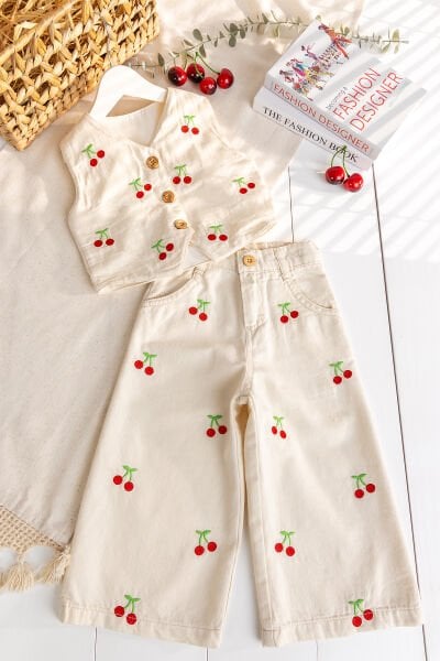 Kiraz İşlemeli Yelekli 2'li Kız Çocuk Keten Takım Set  Ekru