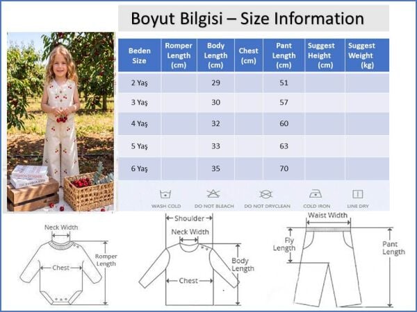 Kiraz İşlemeli Yelekli 2'li Kız Çocuk Keten Takım Set  Ekru